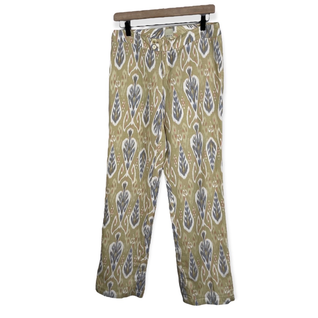 Ecru Linen Blend Straight Leg Printed Pants Sz 2 Resort Summer Old Money Preppy